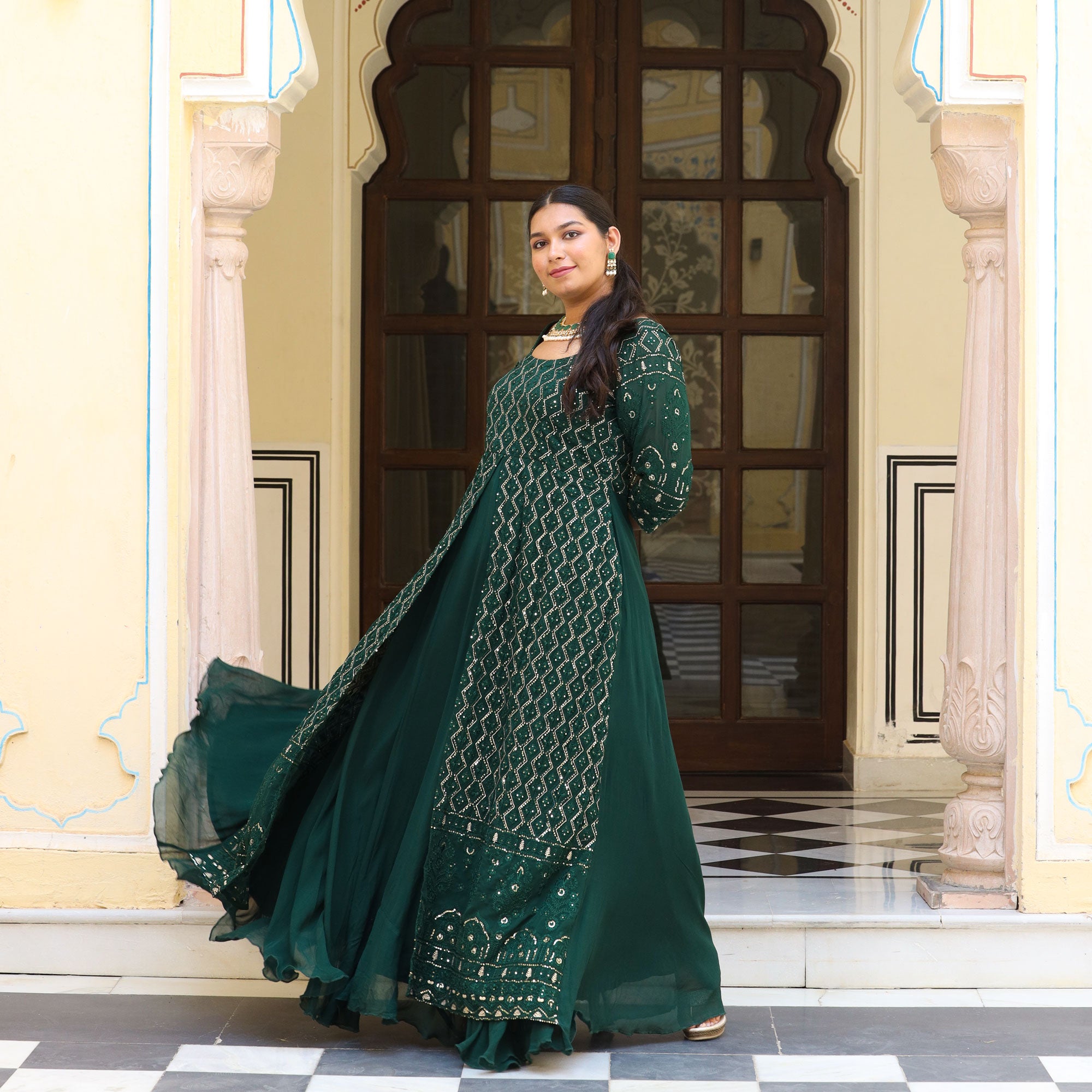 Ethnic Gowns | Amazing Long Gown For Women Party Wear Dress Size XL Colour  Bottle Green | Freeup